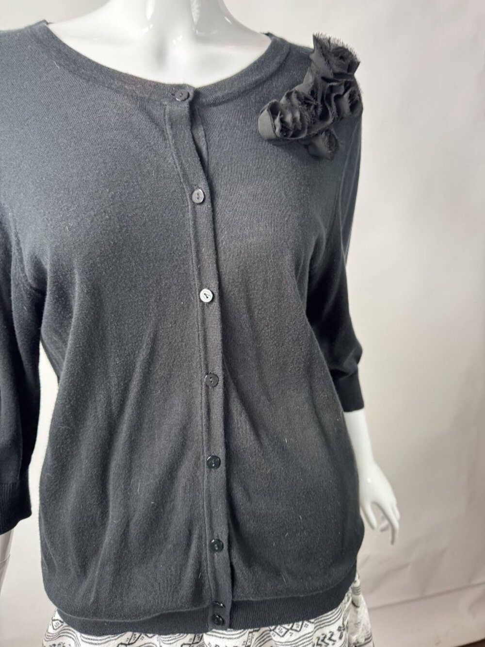 Merona Black Button-Up Sweater With Floral Accent XXL 100% Cotton Made In China